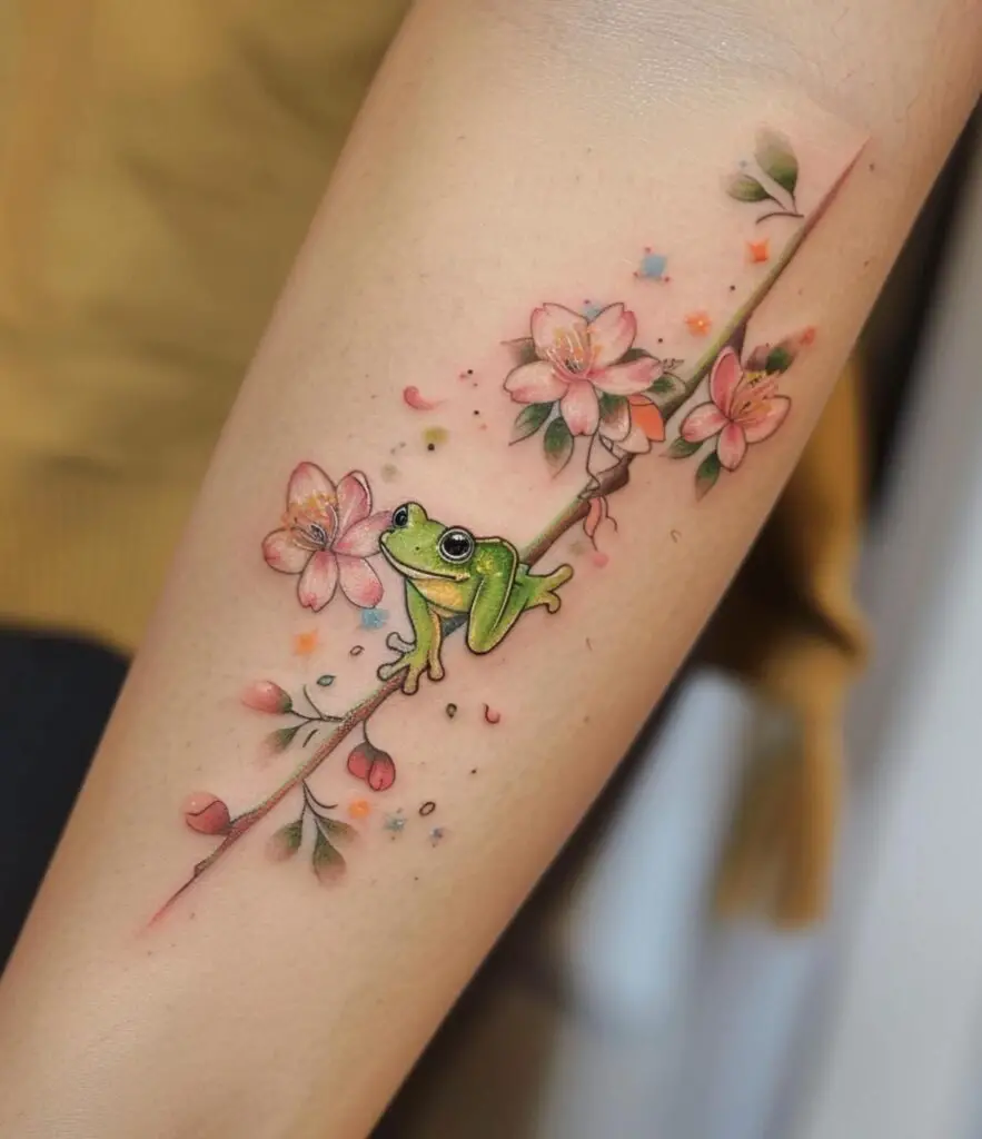 Frog and cherry blossom tattoo