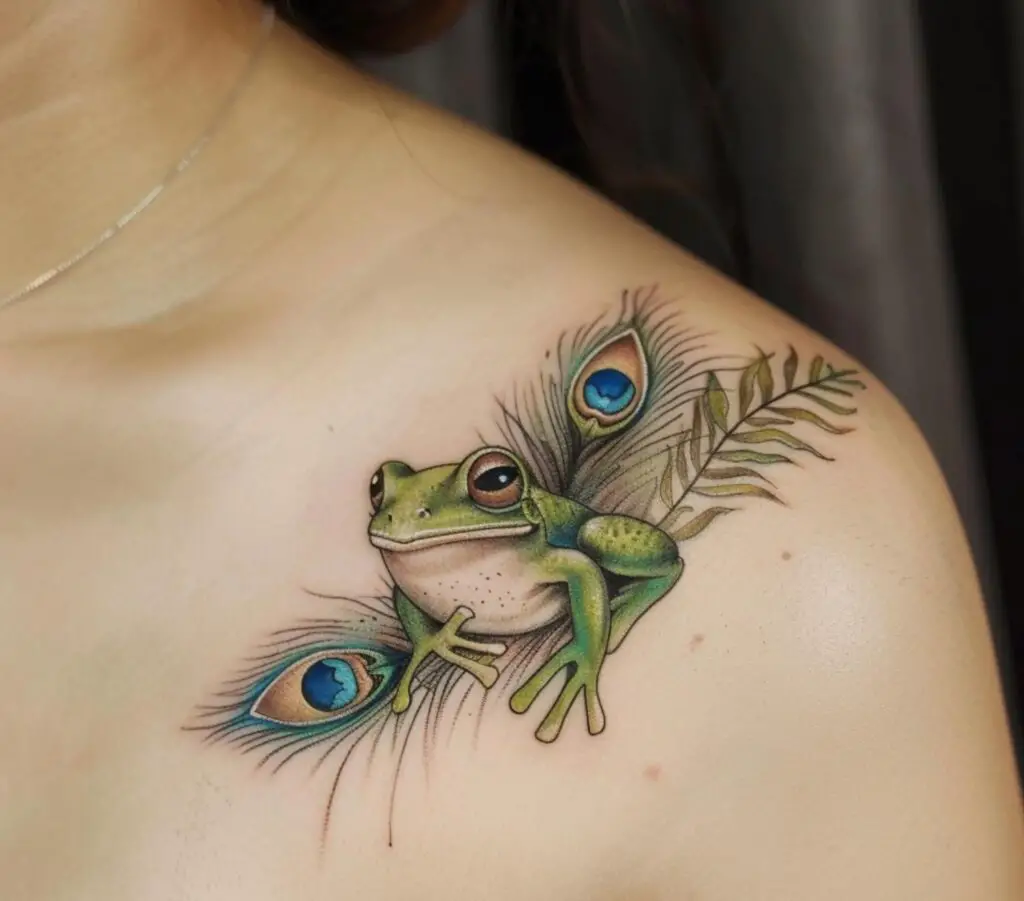 Frog and peacock feathers tattoo