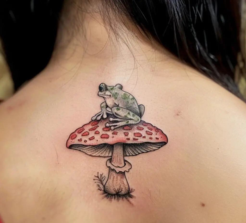 Frog on a mushroom tattoo