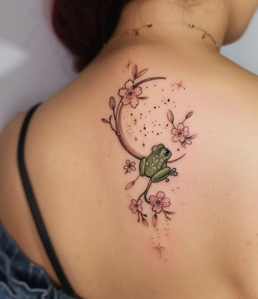 Frog with cherry blossom and moon tattoo