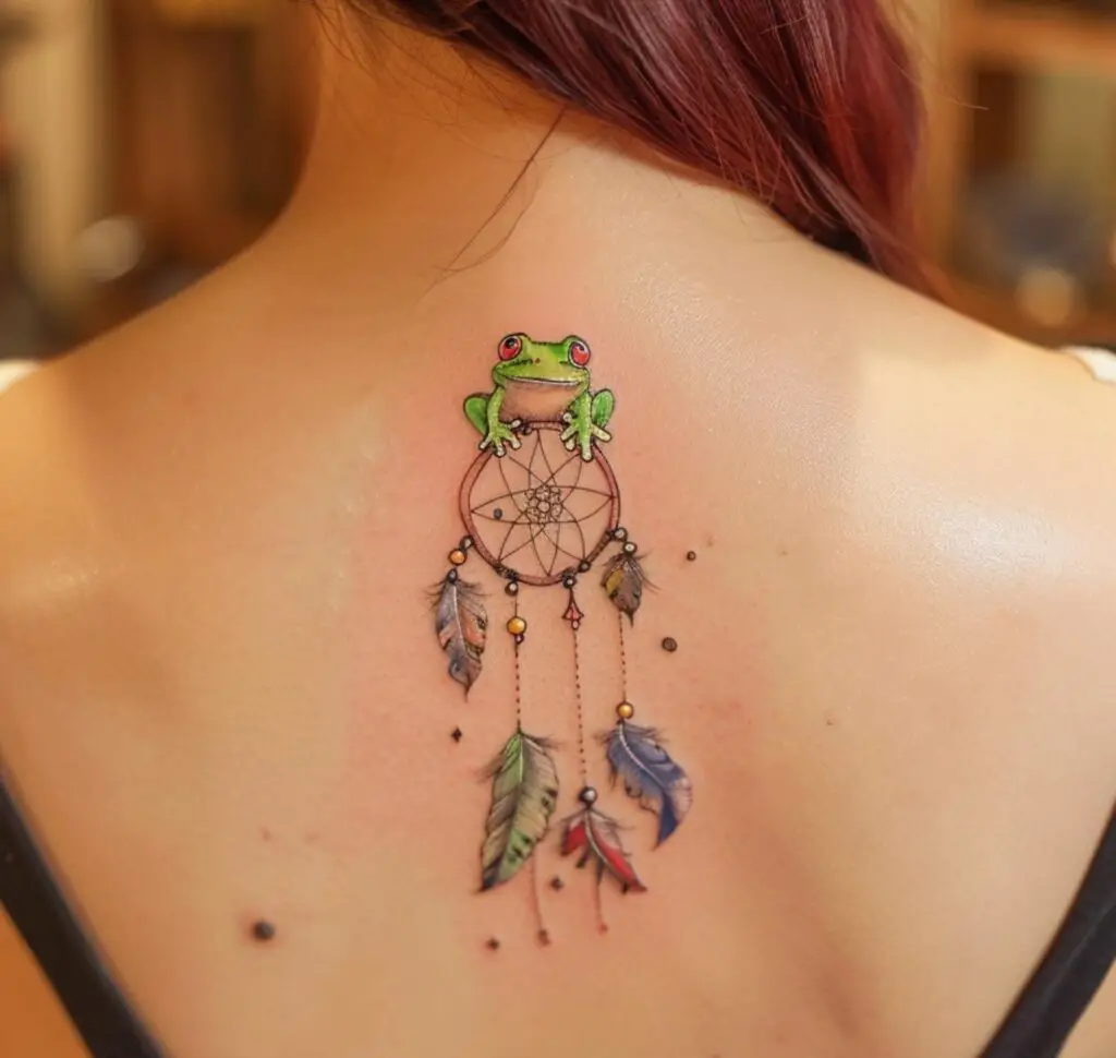 Frog with dreamcatcher tattoo