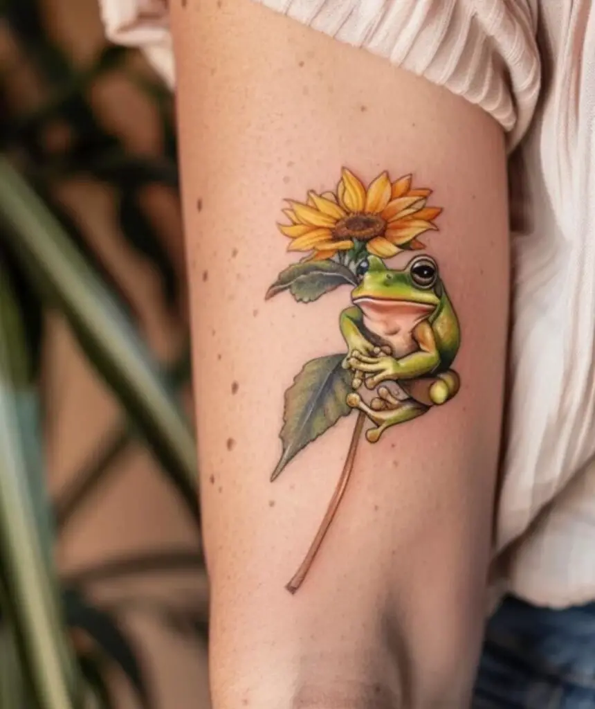 Frog with sunflower tattoo