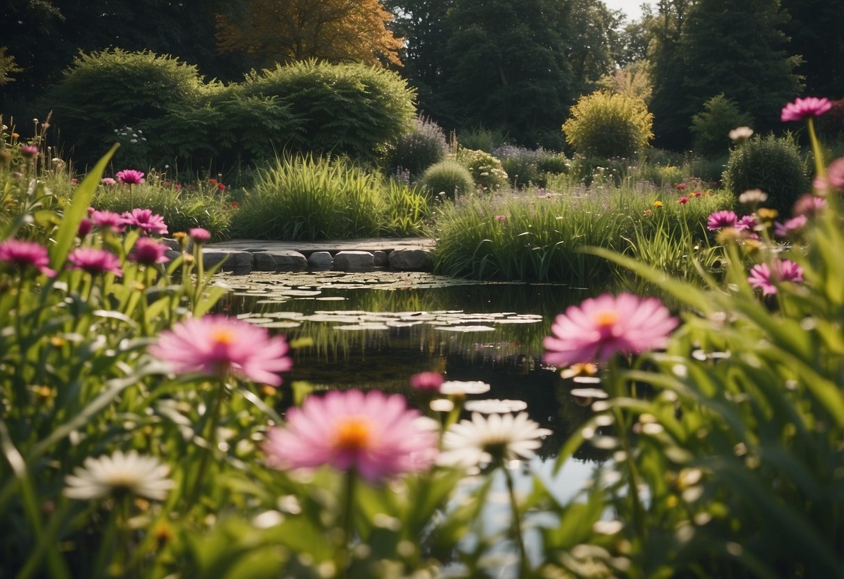 A lush garden with colorful flowers and tall grasses, surrounded by a small pond. Frogs hop among the plants, enjoying the vibrant and inviting environment