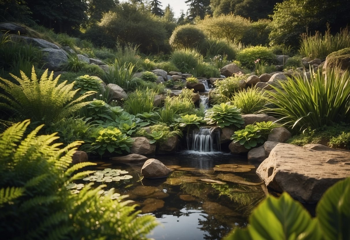 A lush garden with 10 different plants known to attract frogs, including water lilies, ferns, and mosses. A small pond or water feature is present, surrounded by rocks and logs for hiding and basking