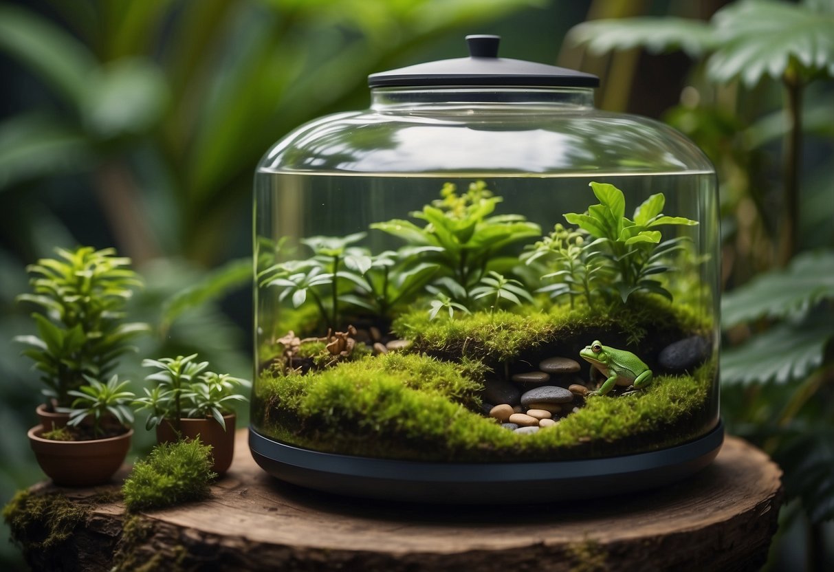 A lush, green terrarium with a small pond, live plants, and branches for climbing. A water dish and gut-loaded insects provide hydration and nutrition for the tree frog