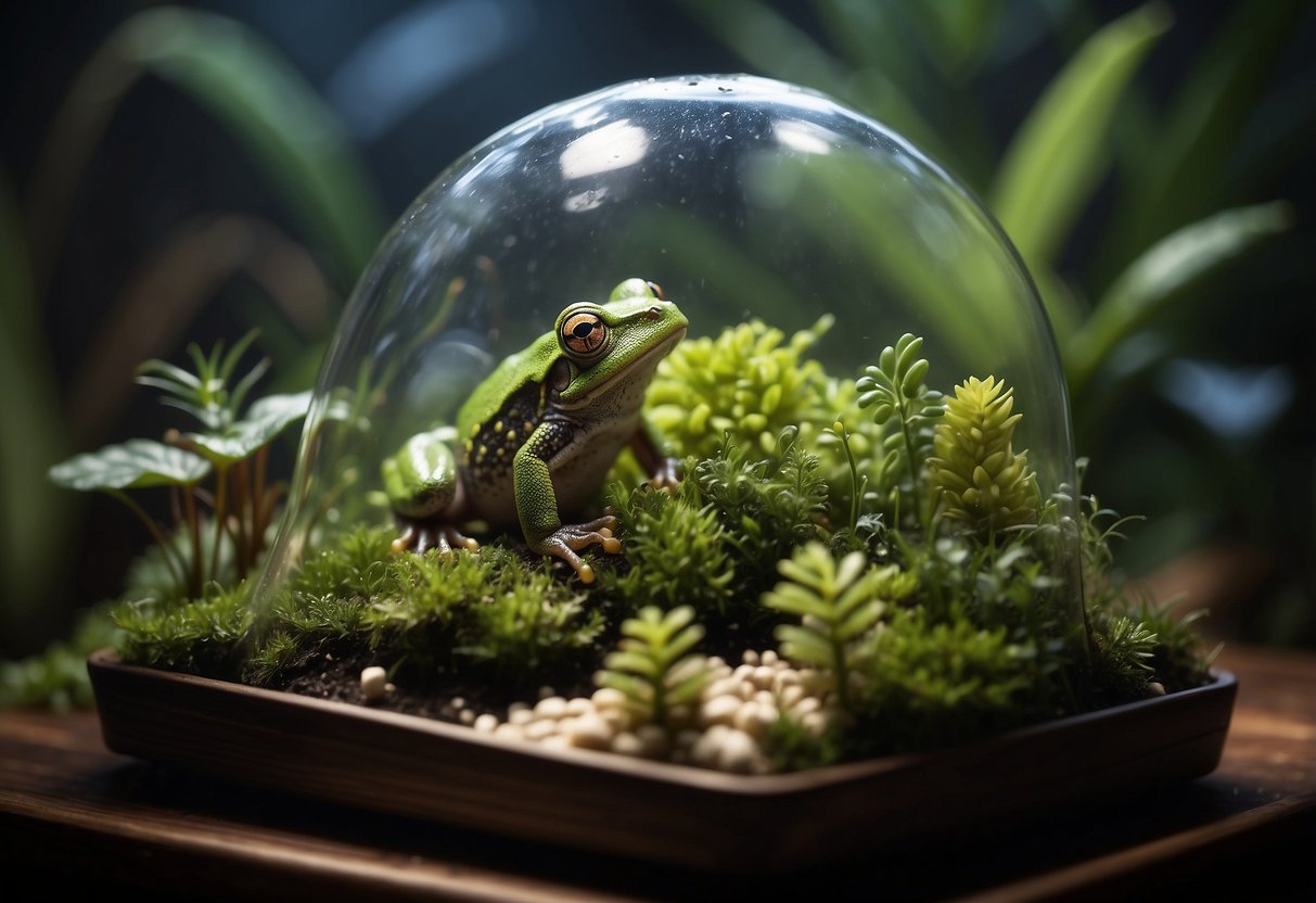 A lush terrarium with a variety of plants, a small pond, and a misting system, providing a humid and comfortable environment for tree frogs