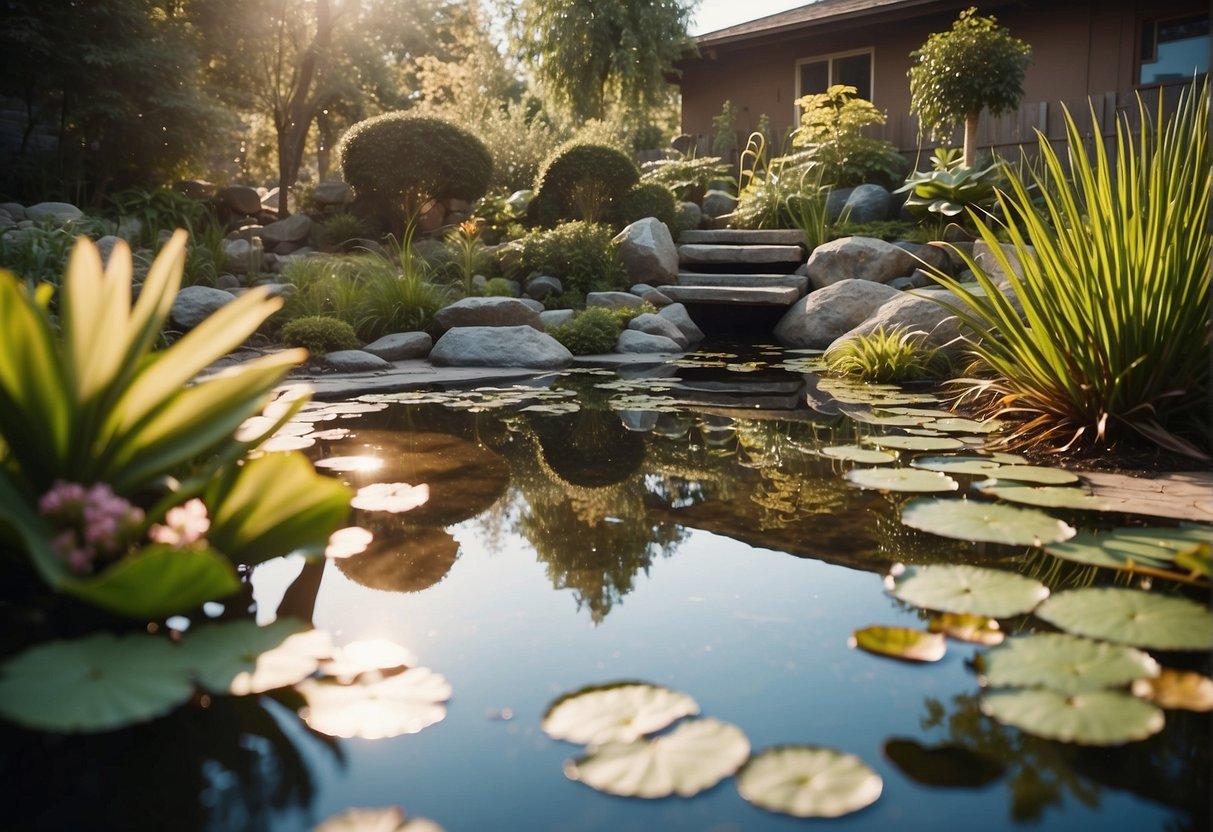 A backyard with a small pond, surrounded by rocks and plants. A few frogs are sitting on lily pads, while others are swimming in the water