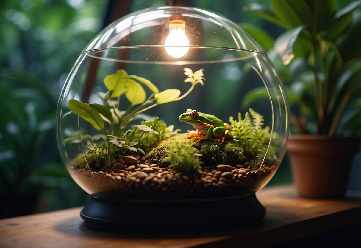 A glass terrarium holds a lush, tropical landscape with a small pond, branches, and plants. A heat lamp hangs overhead, providing warmth for the tree frog