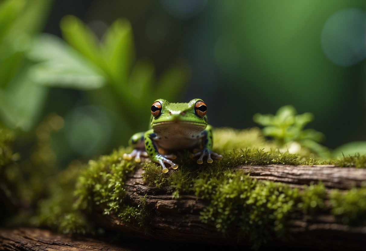 A moss-covered log sits in a lush terrarium, surrounded by vibrant green foliage. A tiny tree frog perches on the log, blending in with its surroundings