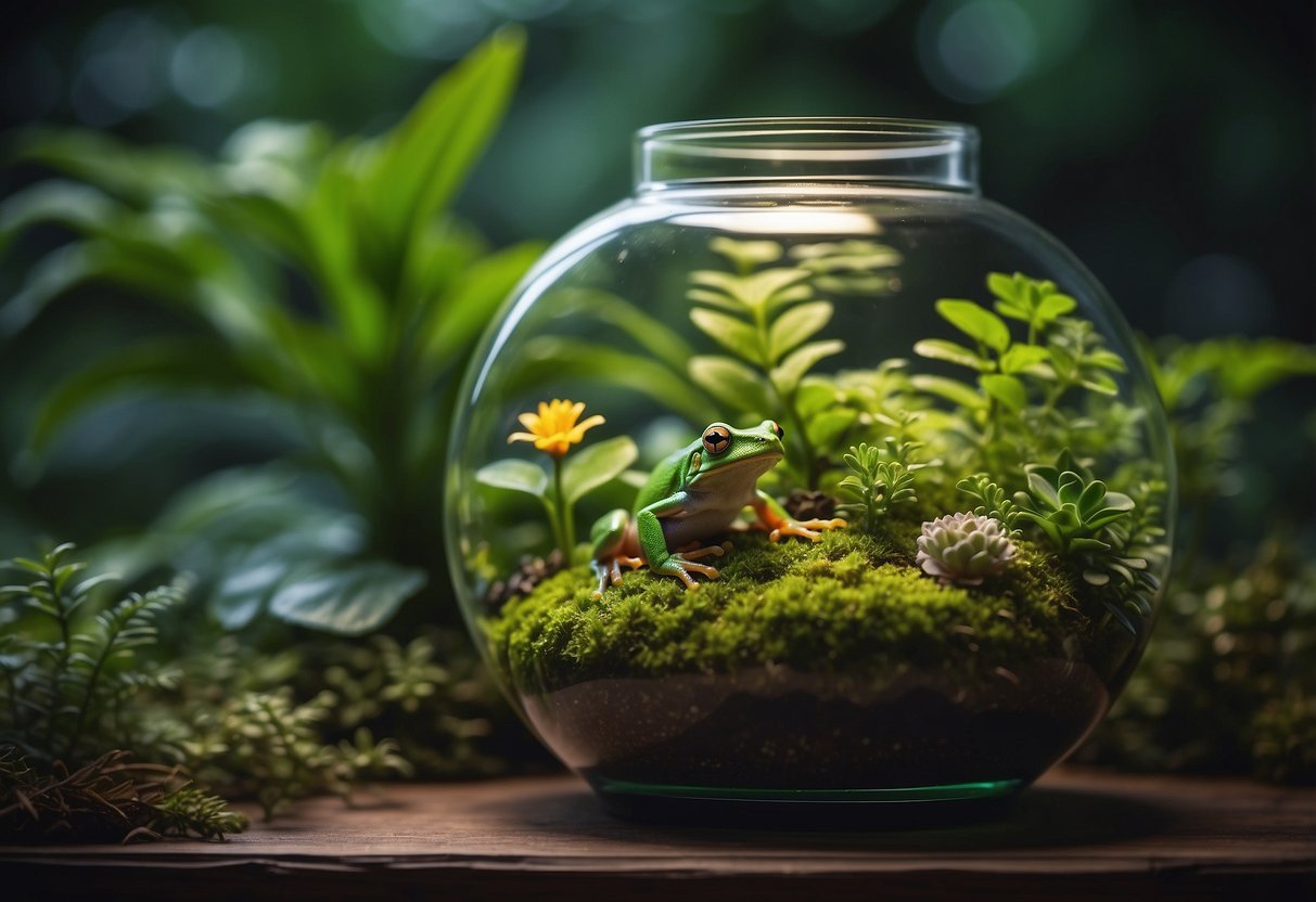 A lush terrarium filled with vibrant green foliage, a small pond, and various tree frog species perched on branches and leaves