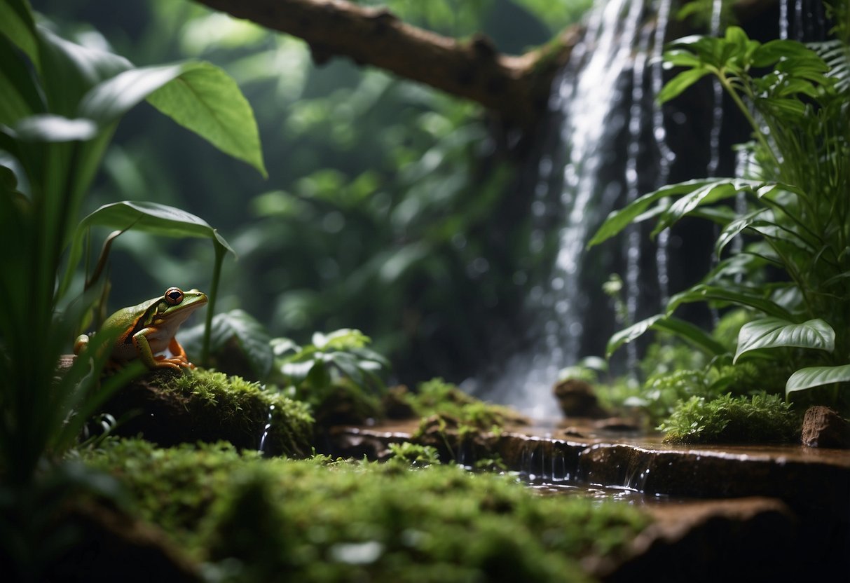 A serene waterfall cascades in a lush corner, surrounded by vibrant greenery and a variety of tree frogs in a terrarium setting