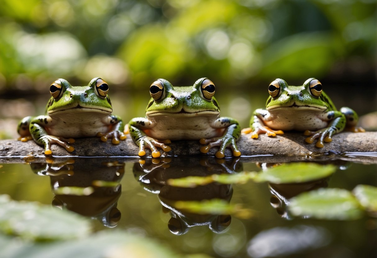 Frogs gather around a tranquil pond, surrounded by lush vegetation. They bask in the warm sunlight, while keeping a watchful eye out for predators