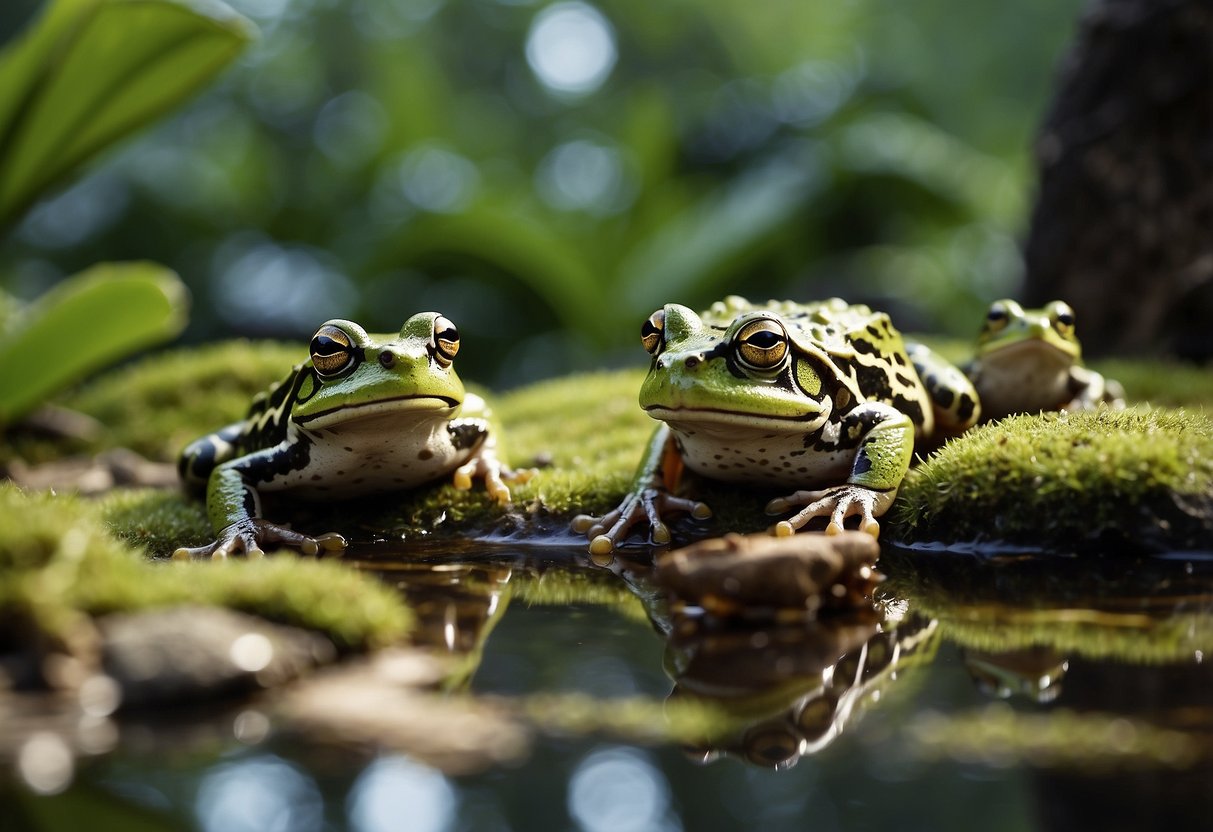 Frogs gather around a lush pond with abundant insects and plants. The water is clear, with rocks and logs for hiding spots