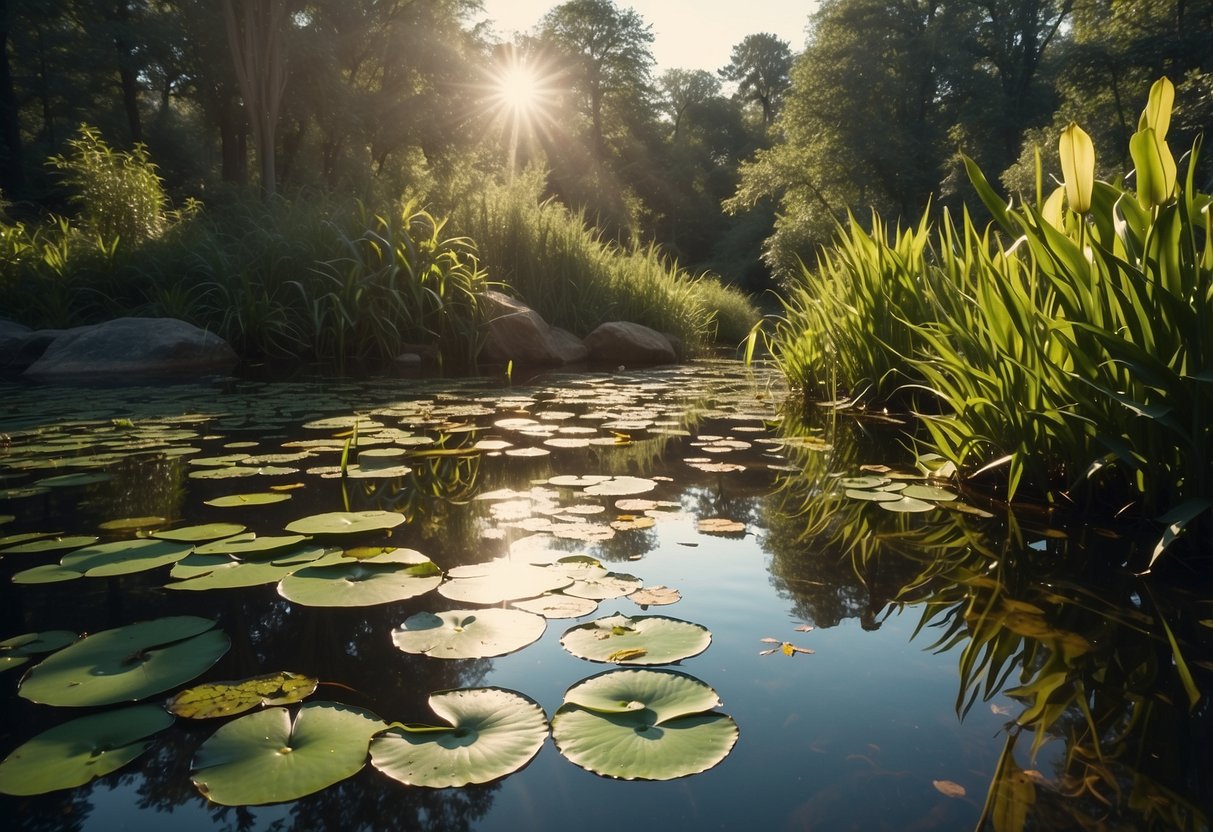 Lush pond with floating lily pads, reeds, and rocks. Sunlight filtering through trees, creating dappled shade. Frogs hopping and lounging around the water's edge