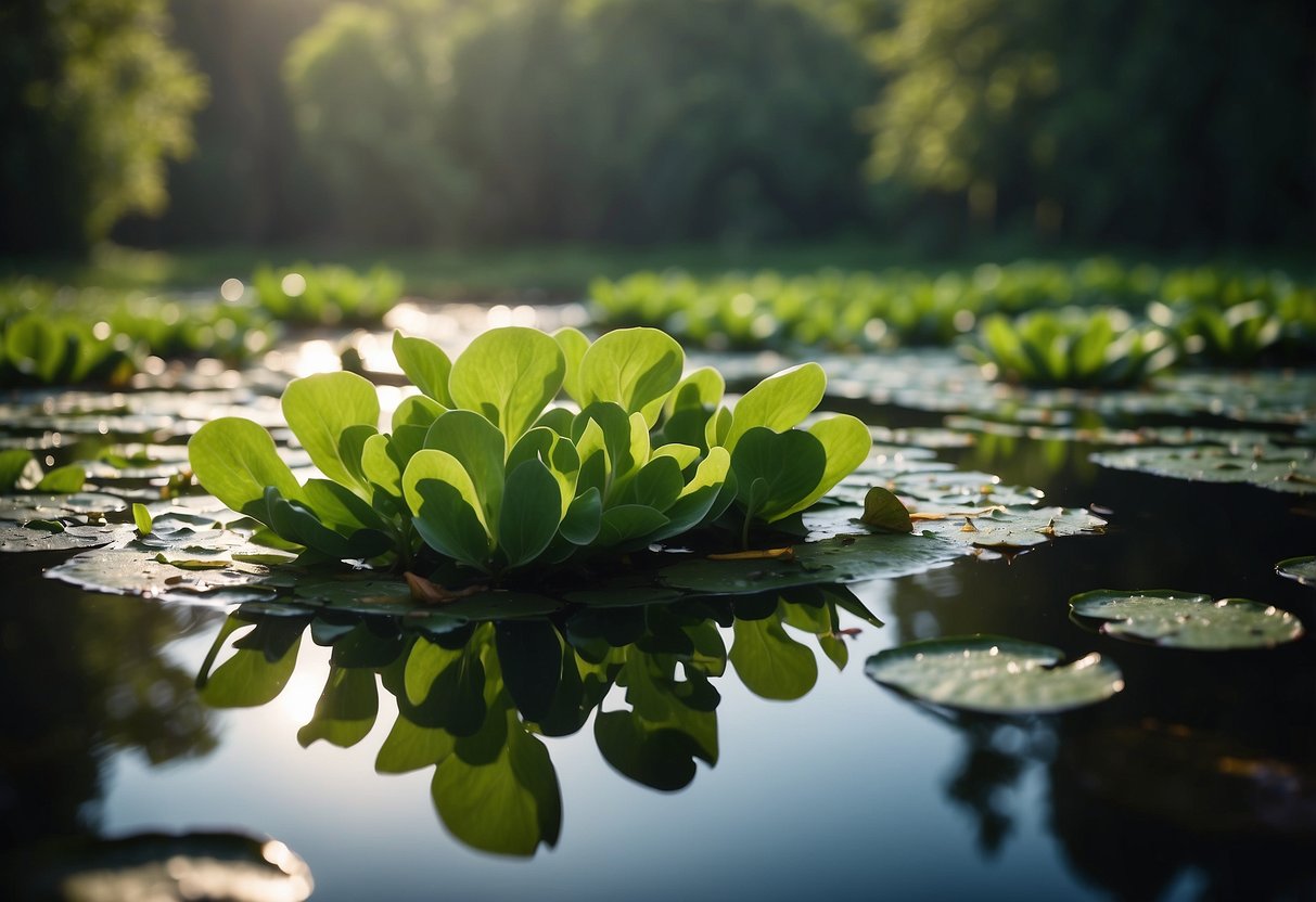 A pond with water lettuce floating on the surface, surrounded by lush greenery and attracting frogs