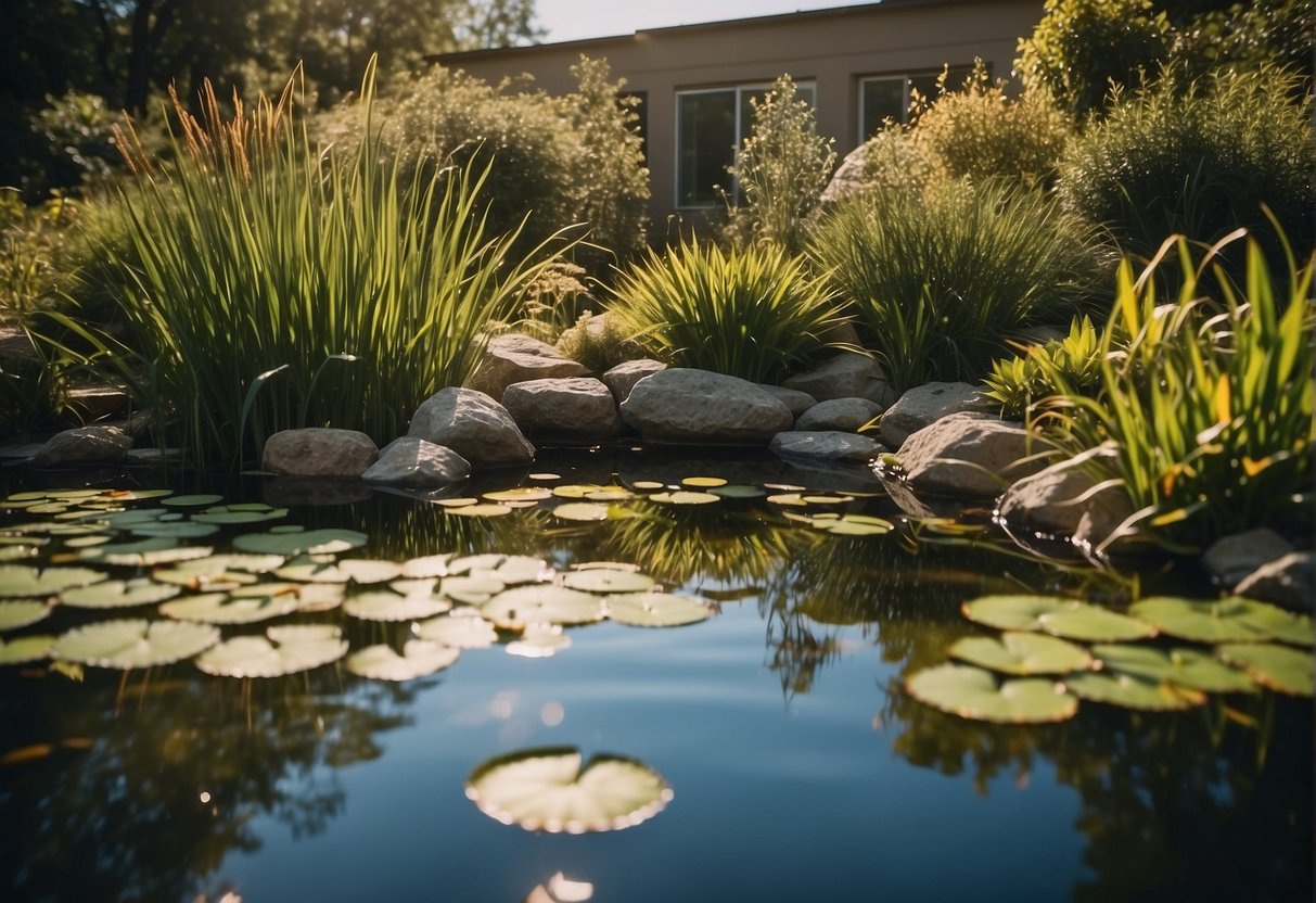 A backyard pond forms with rocks, plants, and water. Frogs hop and swim among lily pads and reeds